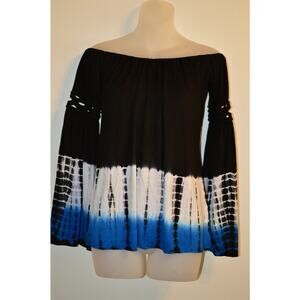 Sky Clothing Brand XS Top Off Shoulder Braided Sleeve Blue Black Tie Dye Tunic